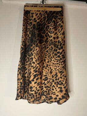 Leopard Print Satin Slip Midi Skirt - Tan & Black Leopard Small